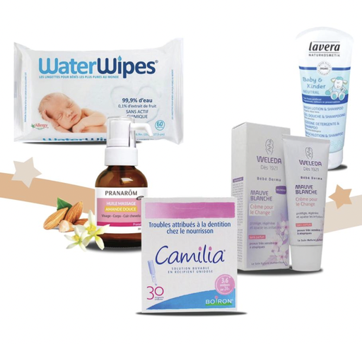 Pack Naissance - Waterwipes, Camilia, Weleda crème de change, Lavera gel douche et shampoing, Pranarom huile massage